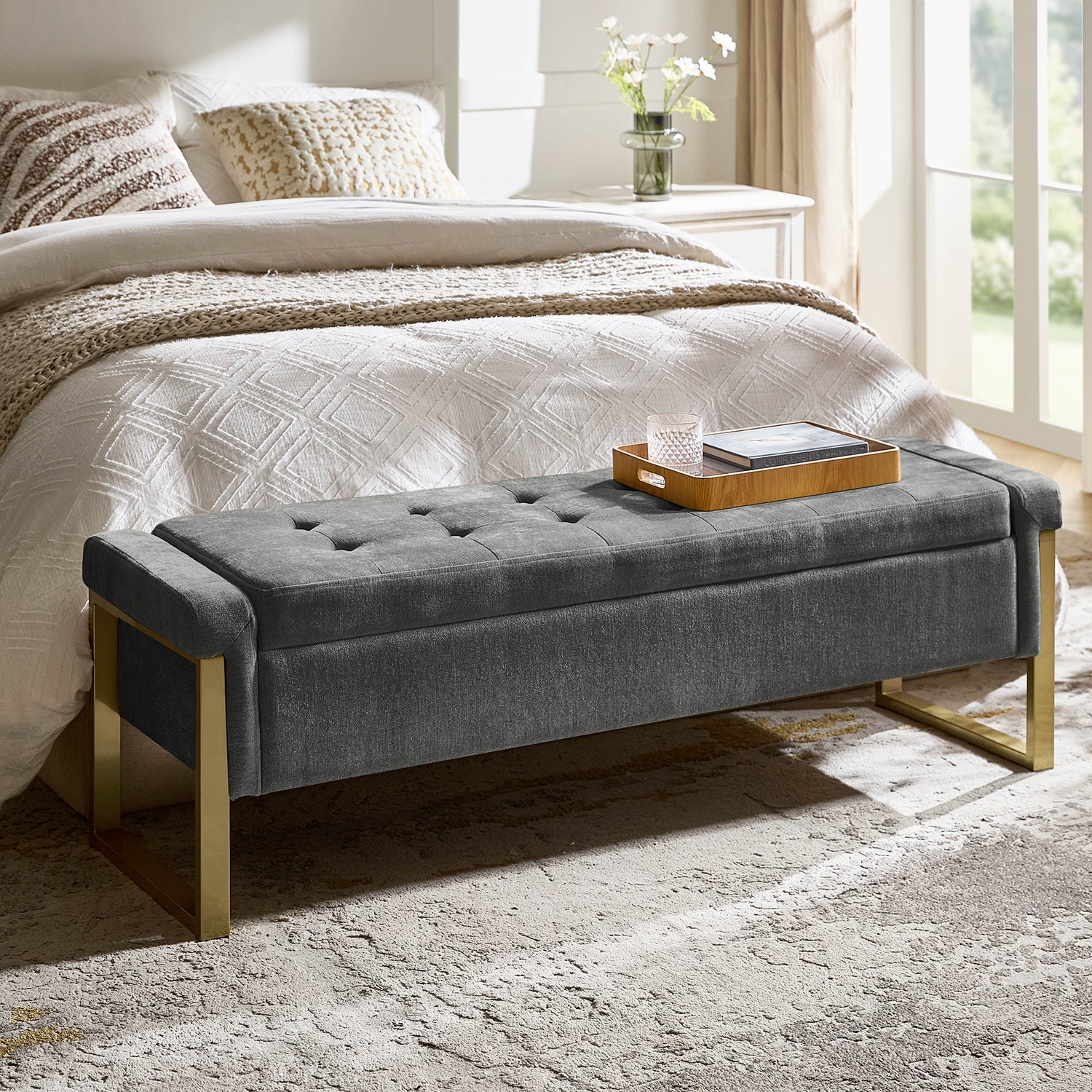55" Upholstered Storage Entryway Bench with Gold Metal Legs For End of Bed Ottoman