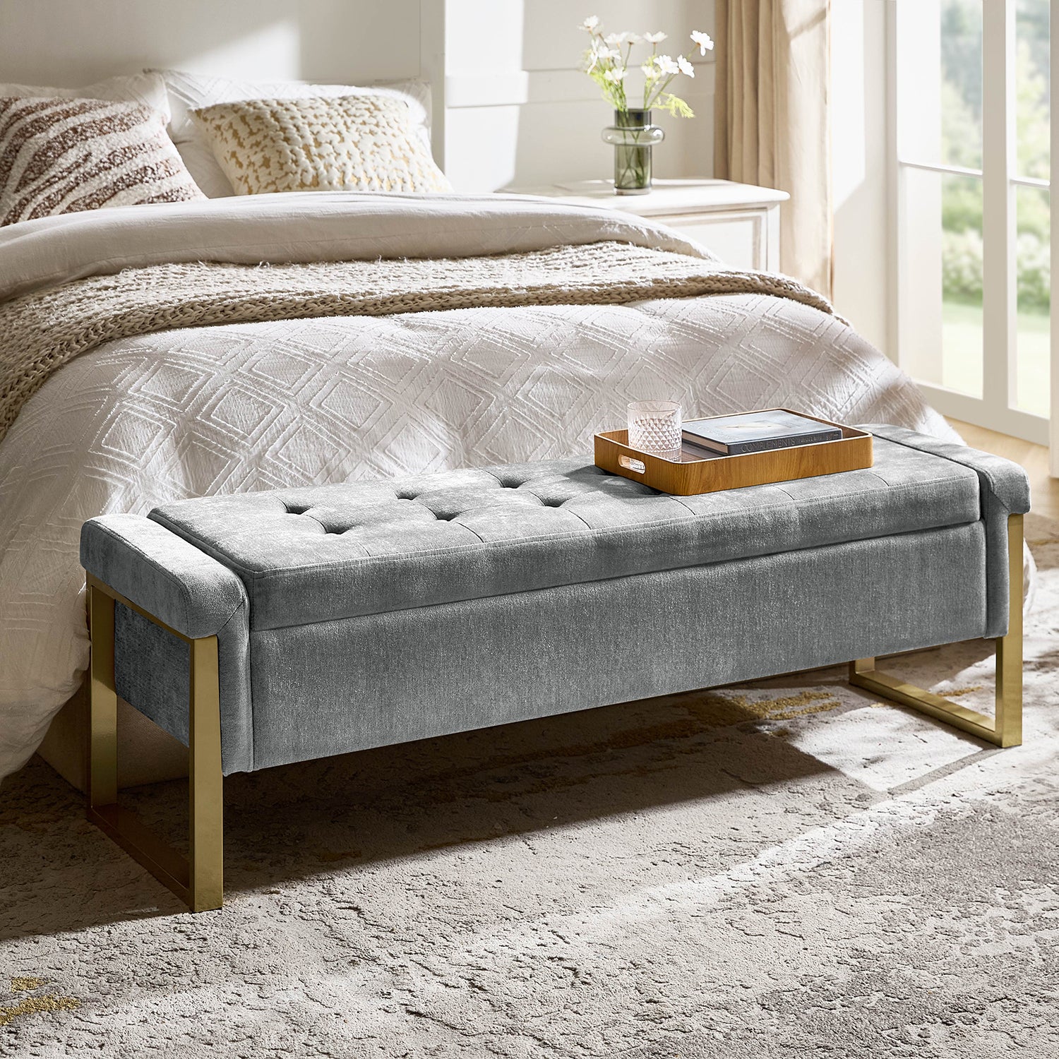 55" Upholstered Storage Entryway Bench with Gold Metal Legs For End of Bed Ottoman