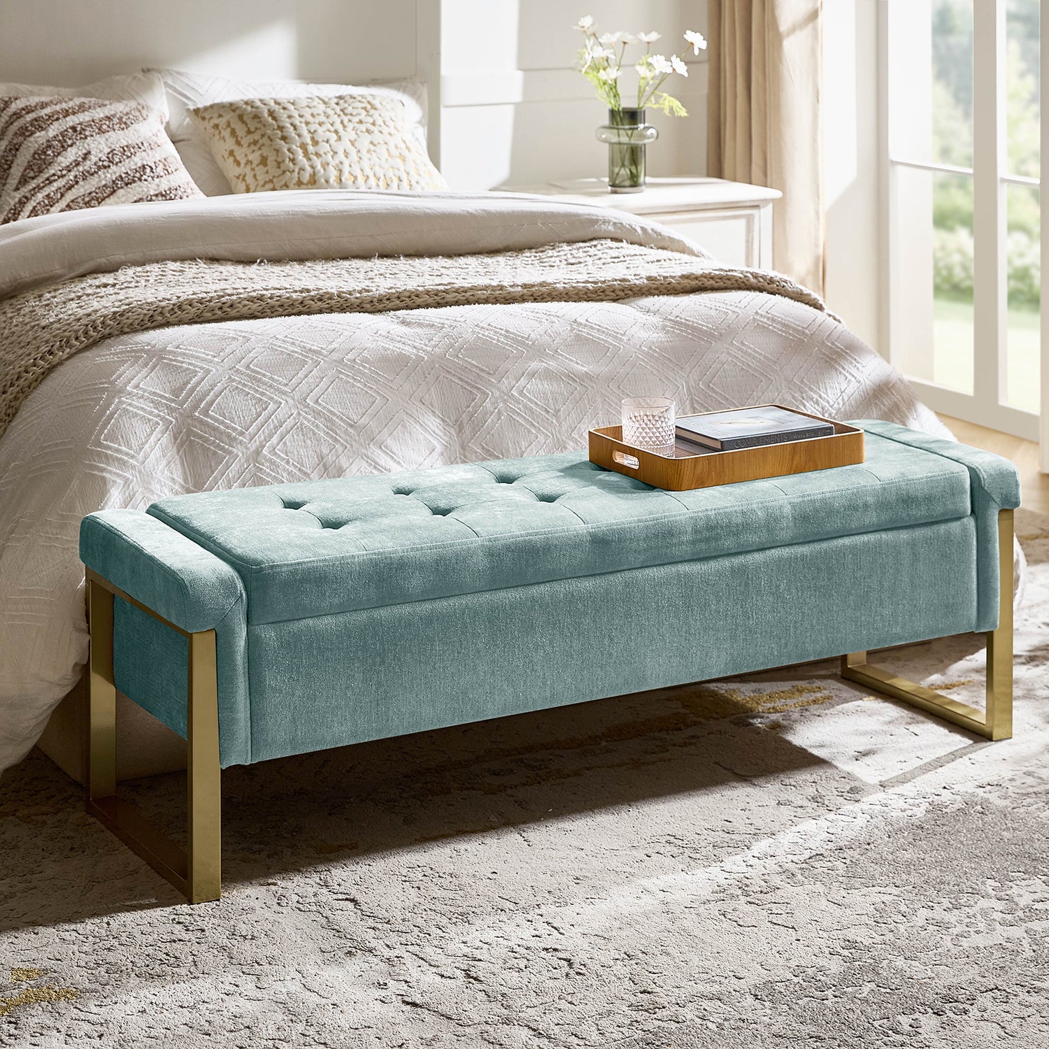55" Upholstered Storage Entryway Bench with Gold Metal Legs For End of Bed Ottoman