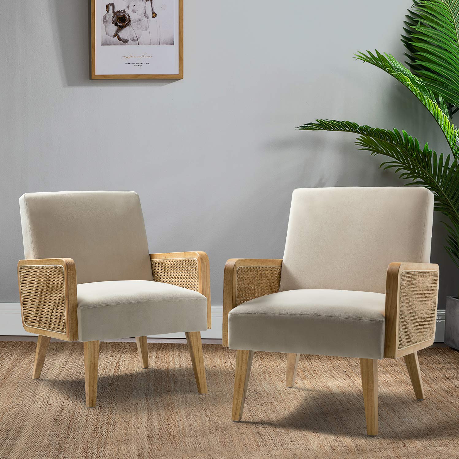 Mid-Century Modern Upholstered Accent Chairs with Rattan Armrest