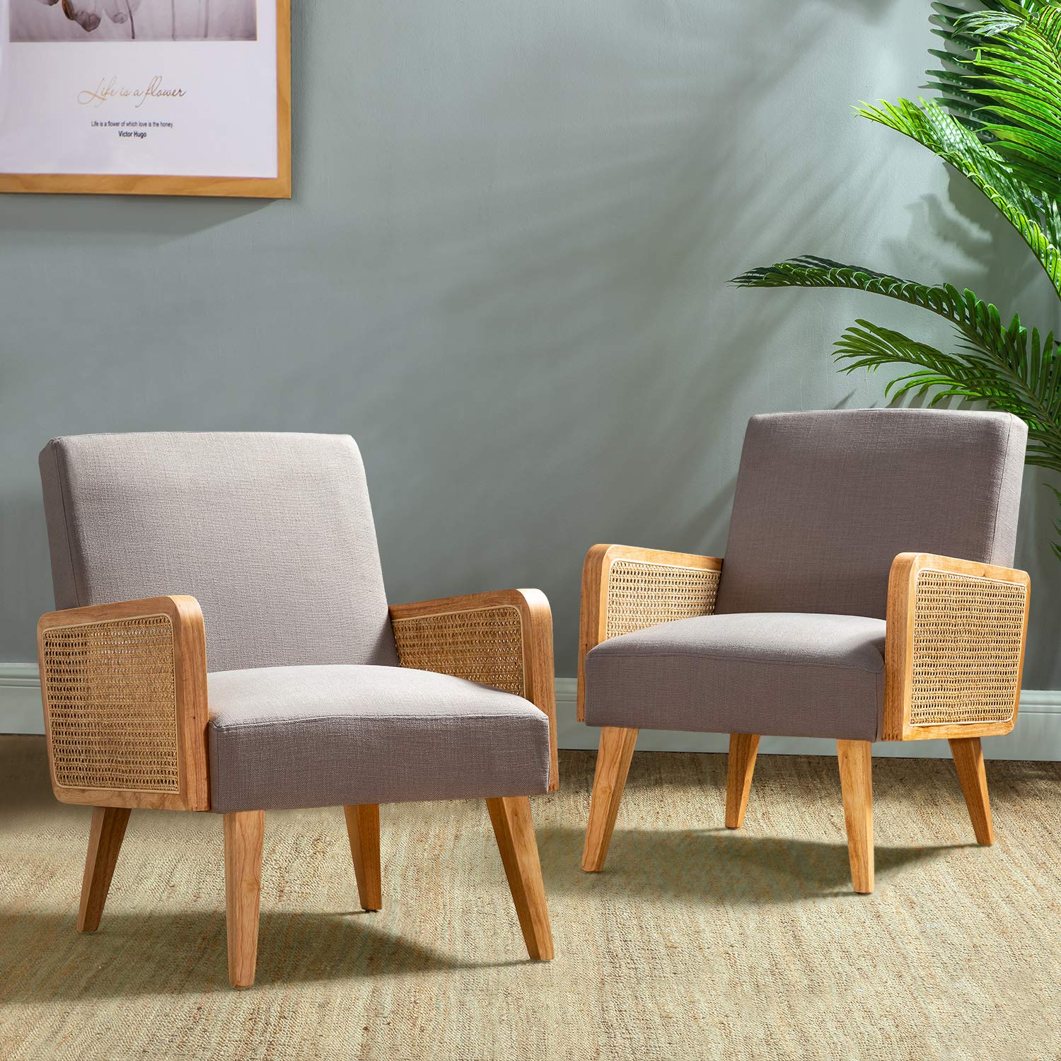 Mid-Century Modern Upholstered Accent Chairs with Rattan Armrest