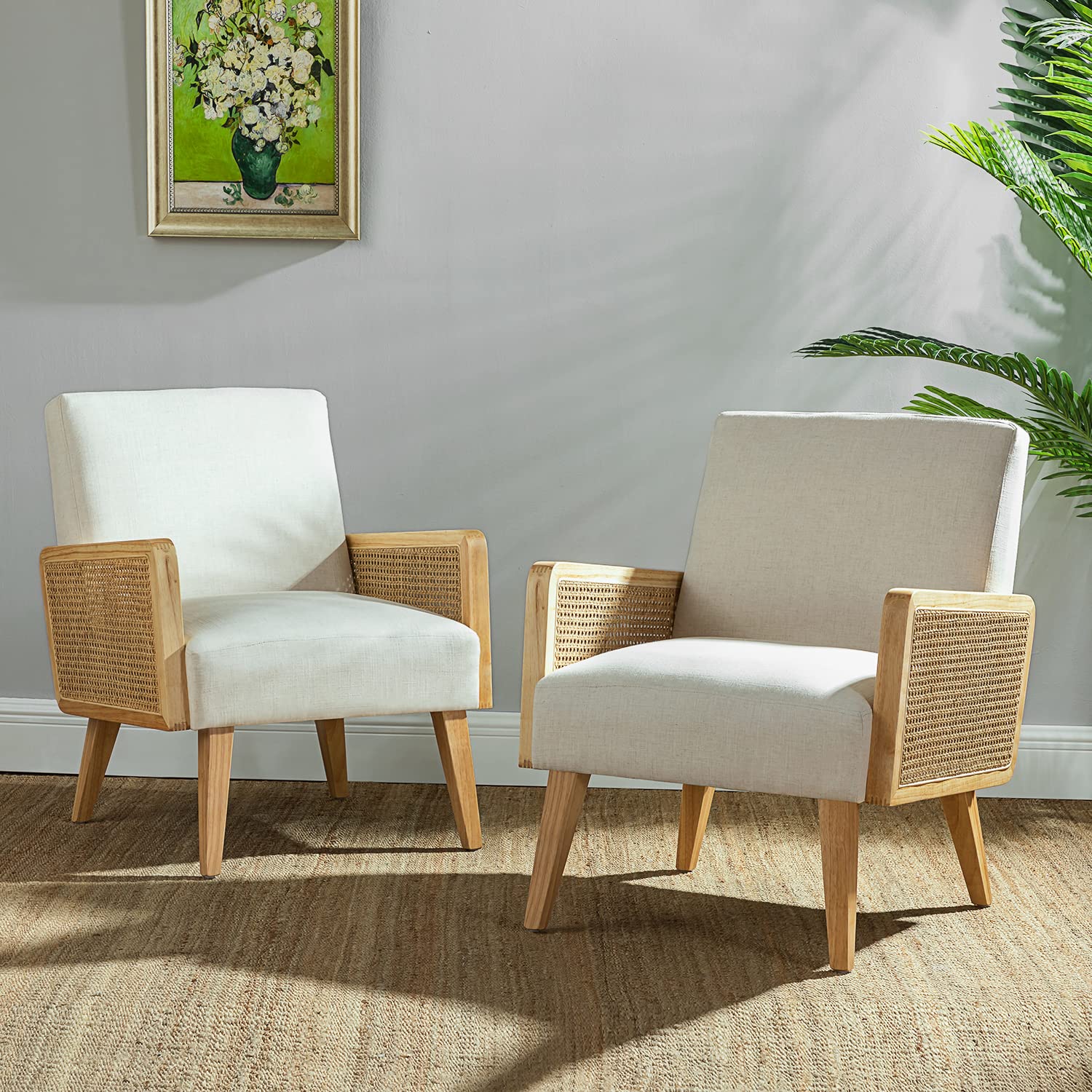 Mid-Century Modern Upholstered Accent Chairs with Rattan Armrest
